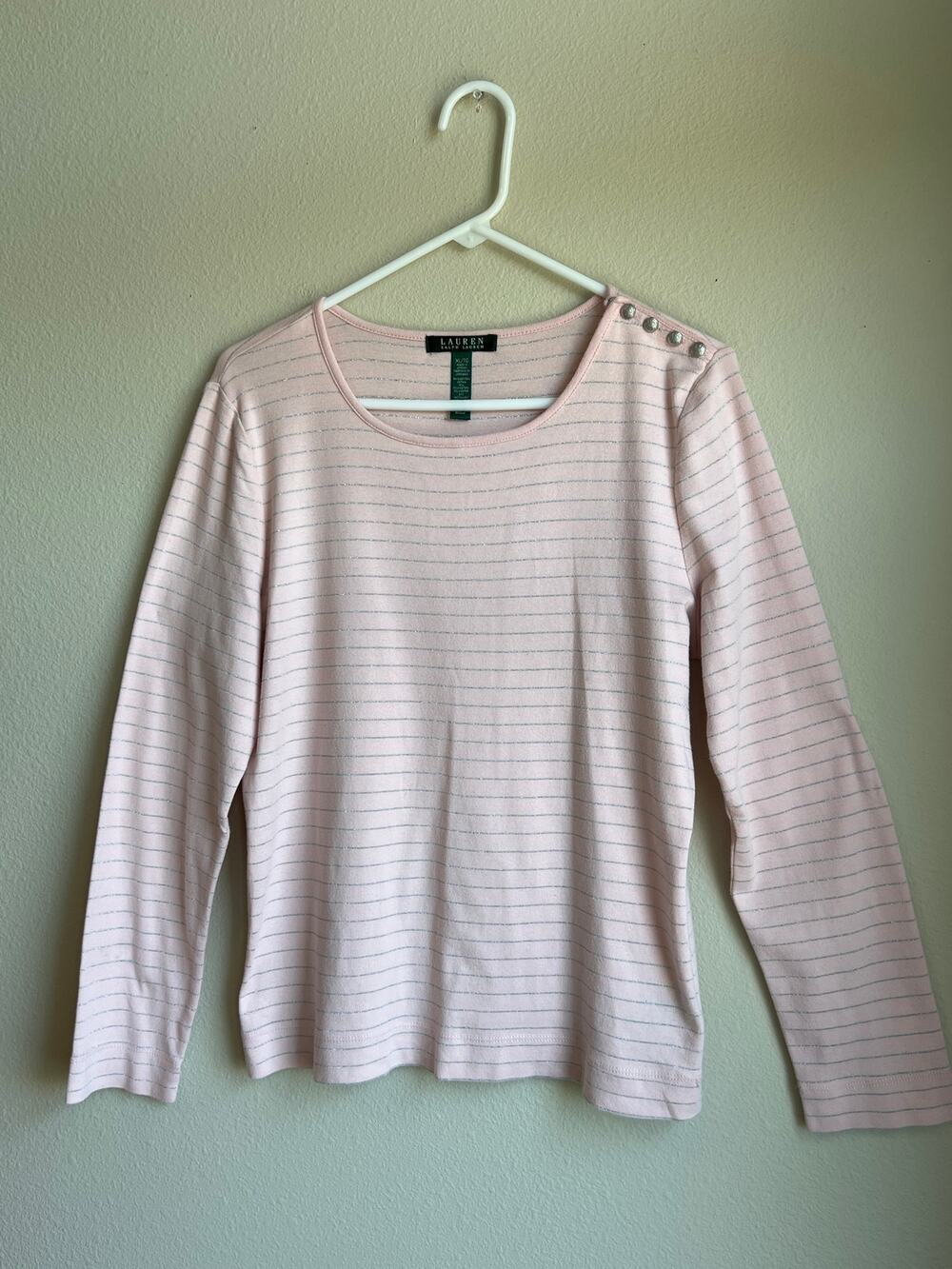 Lauren Ralph Lauren Pink Silver Metallic Stripe Shoulder Button Long Sleeve XL
